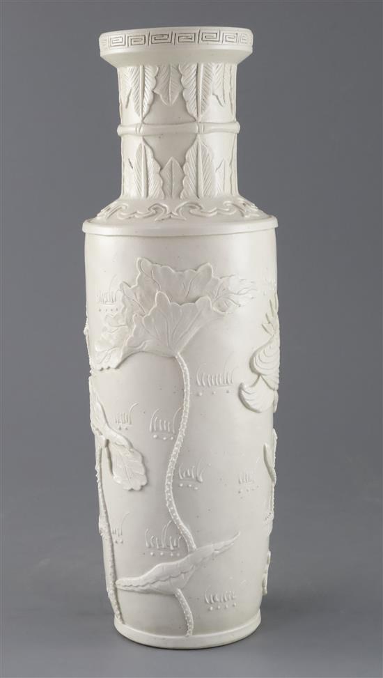 A Chinese white glazed moulded rouleau vase, Wang Bingrong seal mark, H.34.5cm